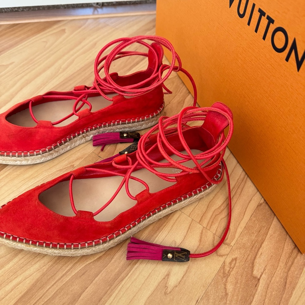 Louis Vuitton Red Suede Lace Up Espadrille Flats - Picture 5 of 14